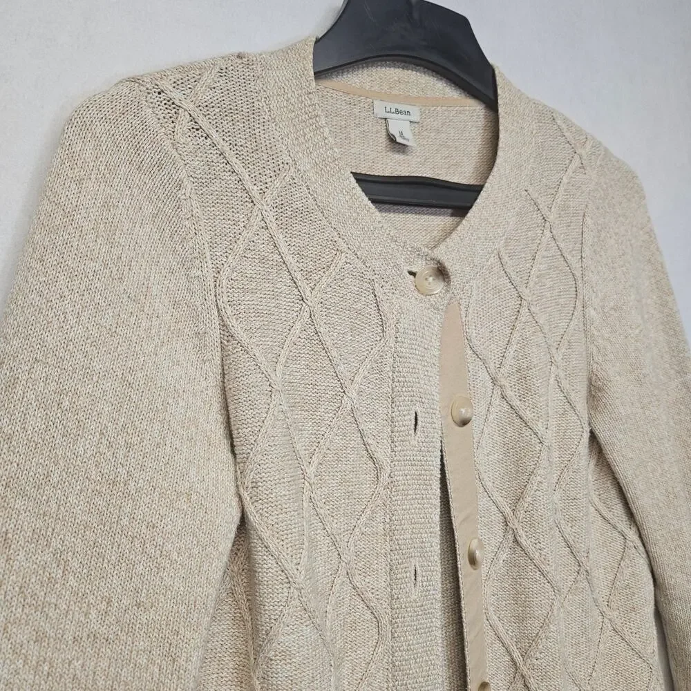 L.L. Bean Button Front Cardigan Sweater Size Medium Oatmeal Beige Cotton